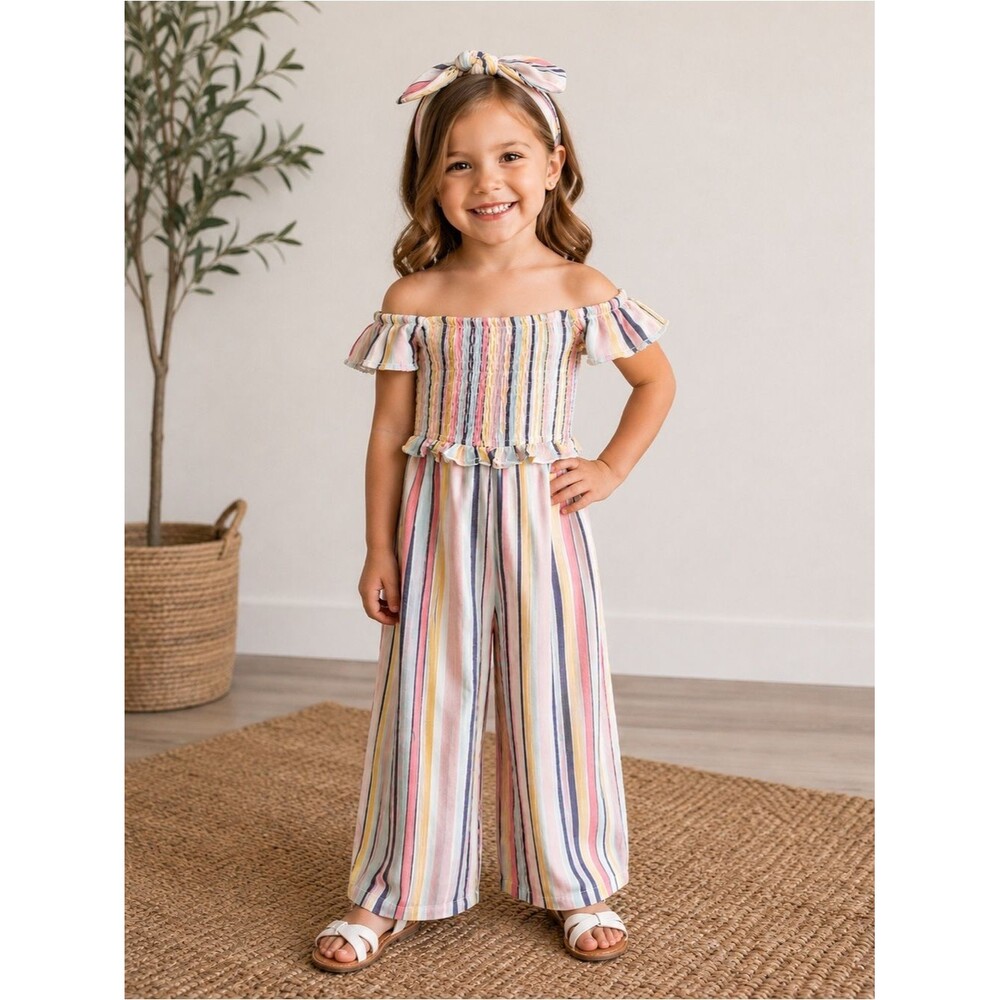 BTWEEN Striped Off Shoulder Jumpsuit Toddler Girls Los Angeles Boutique 4T NWT